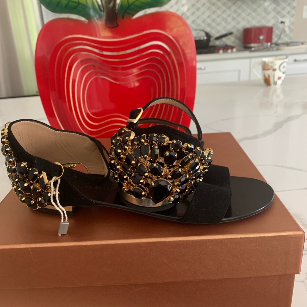 Italian sandal, black with black /gold stones , suede